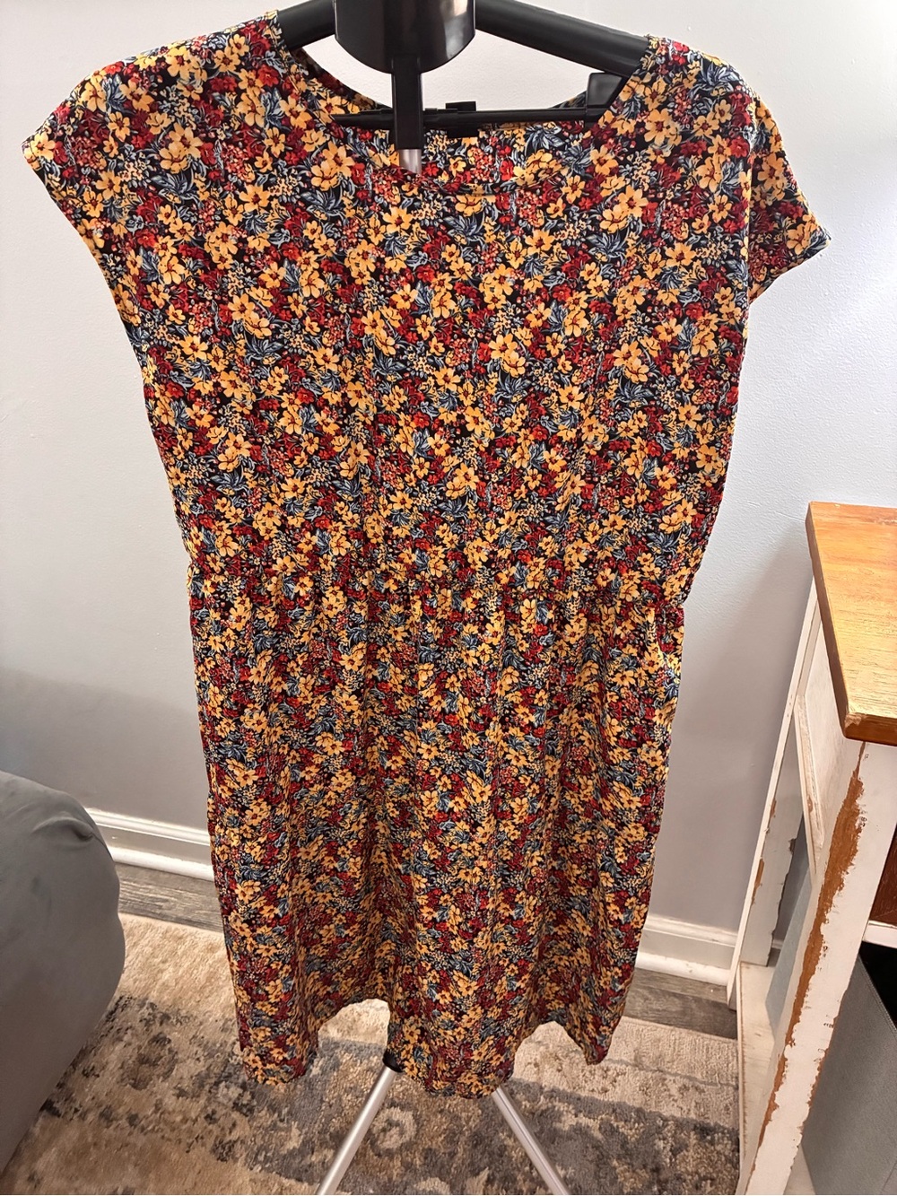 Cap-Sleeve Floral Midi Dress in Yellow & Red